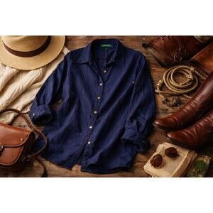 Lauren Ralph Lauren Navy Linen Button-Up Blouse | Soft Collar | 3X